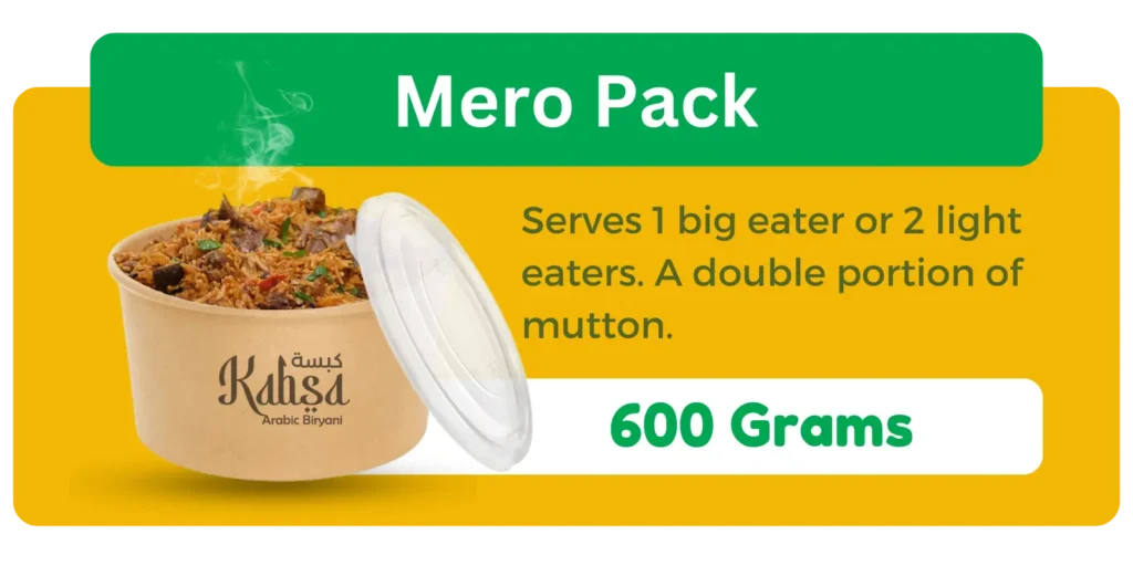 600 gram Mutton Kabsa biryani, an Arabic cuisine in yellow background