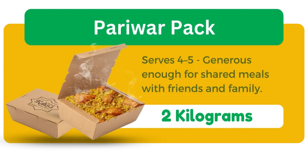 2 kg of an Arabic dish, Chicken Kabsa biryani package in yellow background