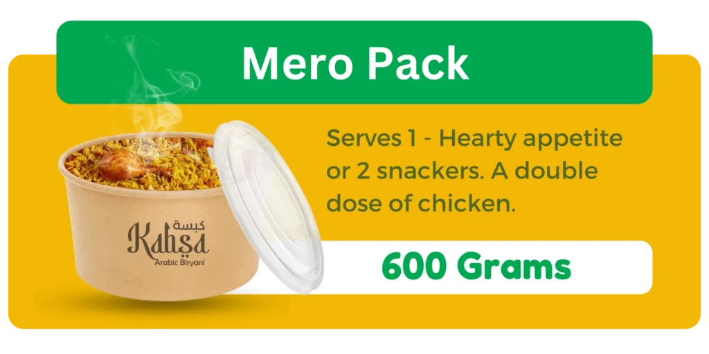 600 gram chicken kabsa biryani, an arabic food package in yellow background